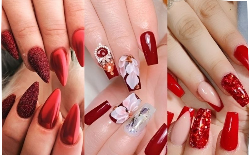 mẫu nail tết màu đỏ